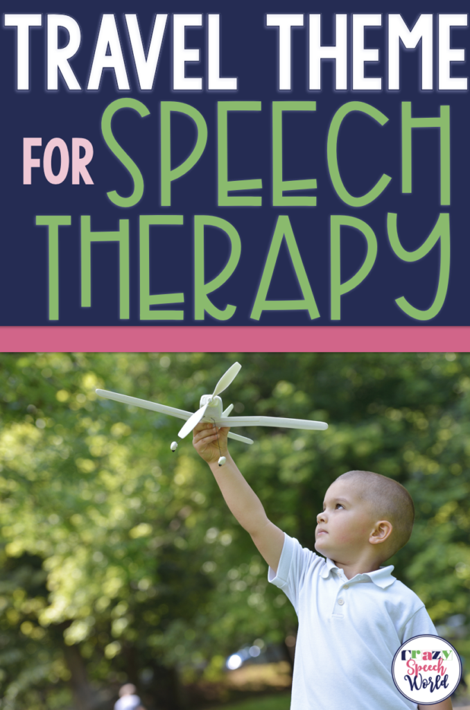 5 Travel Theme Speech Therapy Ideas, pictured is a child outside holding an toy airplane