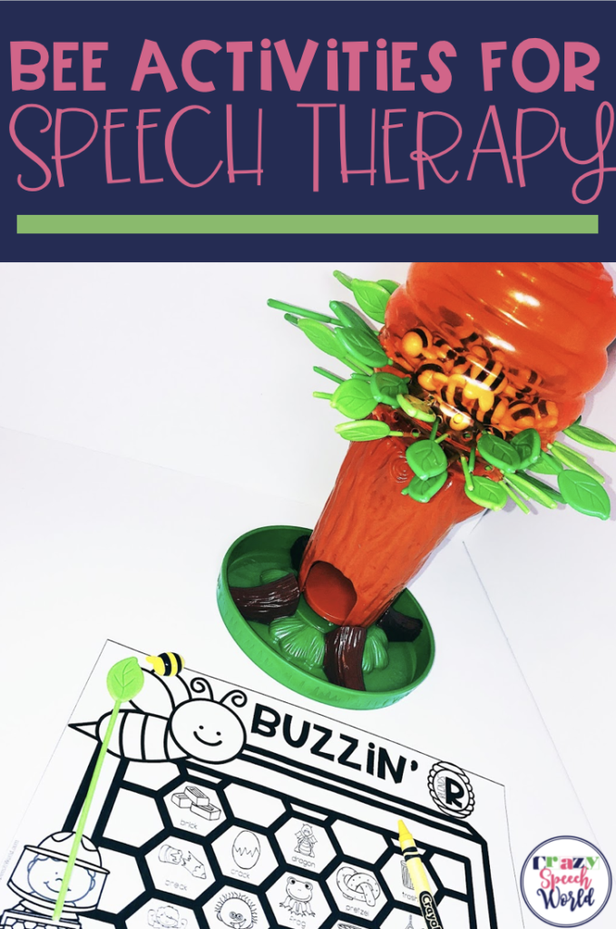Bee activities for speech therapy, pictured is a game with bees in a tree and a worksheet 