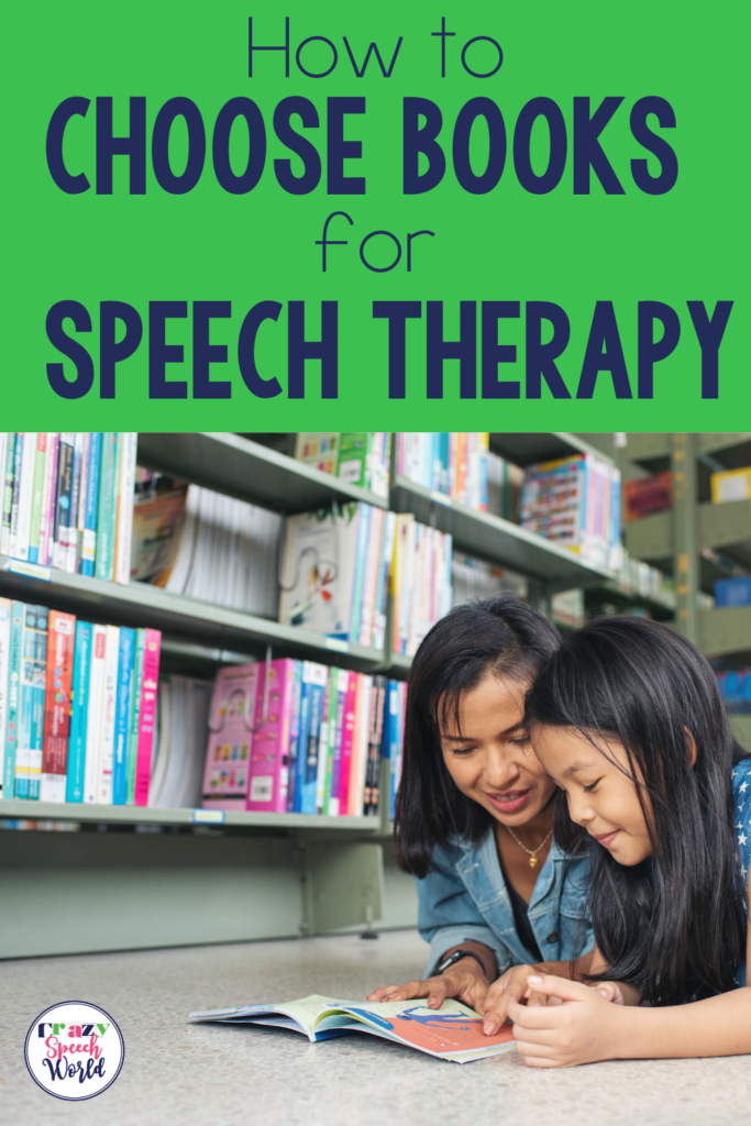 How to choose books for speech therapy; picture shows a woman reading with a child on the floor next to a book shelf