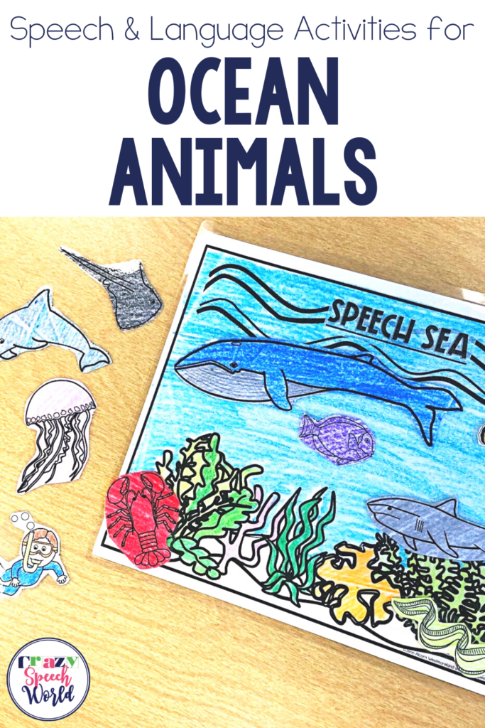 Ocean animal activities, pictured is an paper with a scene of an ocean floor, with colored cut outs of a whale, shark, jellyfish, dolphin, sting ray